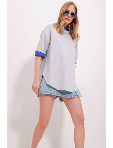 Trend Alaçatı Stili Women's Gray Crew Neck Oval Cut Modal T-Shirt
