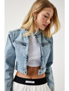 Happiness İstanbul Women's Light Blue Zipper Crop Denim Jacket