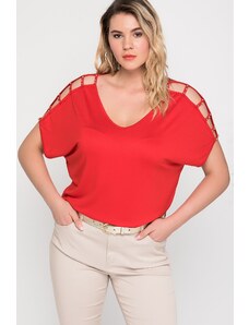 Şans Women's Plus Size Red Decollete Pearl Detailed Viscose Blouse