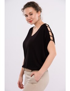 Şans Women's Plus Size Black Decollete Decollete Pearl Detailed Viscose Tunic