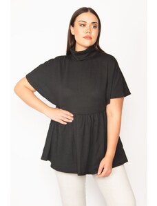 Şans Women's Plus Size Black Turtleneck Waist Gathered Low Sleeve Knitwear Blouse