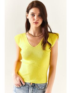 Olalook Women's Yellow Shoulder And Skirt Detailed Front Back V Knitwear Blouse