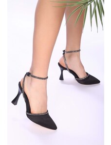 Shoeberry Women's Alpha Black Satin Pile Stitched Heels.