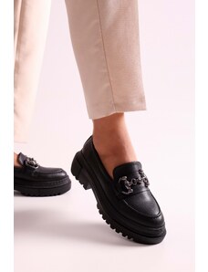 Shoeberry Women's Rex Black Skin Loafers with Thick Soles and Buckles. Black Skin.