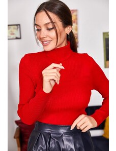 armonika Women's Red Neck Ribbed Knitwear Sweater