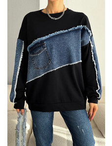Laluvia Black Asymmetric Denim Detailed Sweatshirt