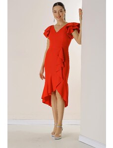 By Saygı Midi-Length Lined Dress with Double Flounce Sleeves