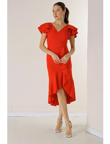 By Saygı Midi-Length Lined Dress with Double Flounce Sleeves