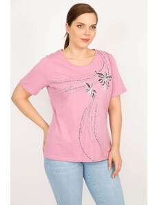 Şans Women's Pink Plus Size Cotton Fabric Front Printed Blouse