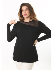 Şans Women's Plus Size Black Front And Back Tulle Detail Long Sleeve Blouse