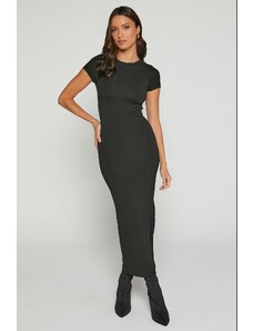 Madmext Black Basic Half Turtleneck Slit Long Dress