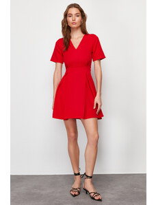 Trendyol Red Belted Waist Opening Mini Woven Short Sleeve Dress