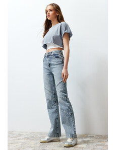 Trendyol Blue Stitch Detail High Waist Wide Leg Jeans