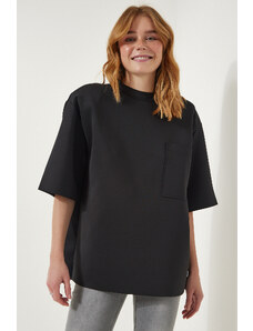 Happiness İstanbul Women's Black Back Zipper Detail Knitted Scuba T-Shirt