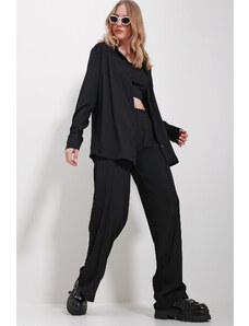 Trend Alaçatı Stili Women's Black Crop Undershirt Shirt And Trousers Suit