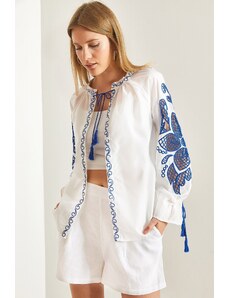 Bianco Lucci Women's Tie Collar Embroidered Loose Shirt.