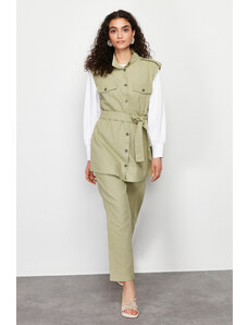 Trendyol Khaki Safari Pocket Detailed Gabardine Vest Trousers Bottom Top Set