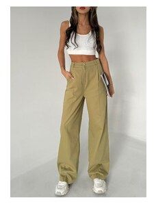 Laluvia Khaki 100% Cotton Gabardine Palazzo Trousers