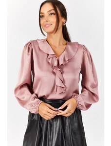 armonika Women's Pink Satin Blouse with Frilled Collar and Elasticated Sleeves.