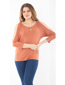 Şans Women's Plus Size Orange Kiss Collar Shoulder Low-cut Long Sleeve Blouse