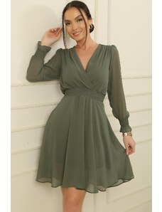 By Saygı Double Breasted Collar Waist And Sleeve Ends Gimped Lined Short Chiffon Dress
