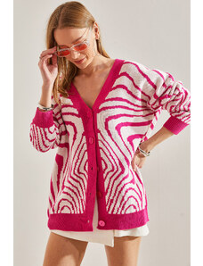 Bianco Lucci Women's Oversize Zebra Patterned Knitwear Cardigan