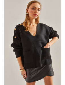 Bianco Lucci Women's Shoulder Button Pocket Knitwear Sweater