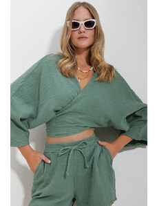 Trend Alaçatı Stili Women's Khaki V Neck Waist Belted Wound Sleeve Crop Linen Blouse
