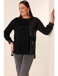 By Saygı Floral Flock Printed Plus Size Blouse with Slits on the Sides and Tassel Detail on the Front