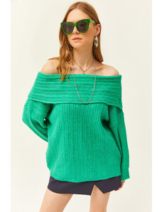 Olalook Women's Grass Green Madonna Collar Ribbed Loose Knitwear Sweater