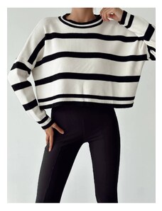 Laluvia Ecru Striped Crew Neck Relax Fit Knitwear Sweater