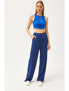 Olalook Women's Navy Blue Pocket Soft Textured Modal Palazzo Sweatpants ESF-0000068