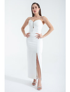 Lafaba Women's White Stone Strap Slit Midi Evening Dress