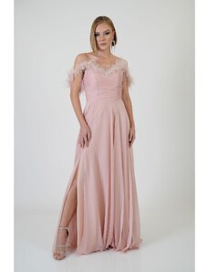 Carmen Powder Feathered Slit Chiffon Evening Dress