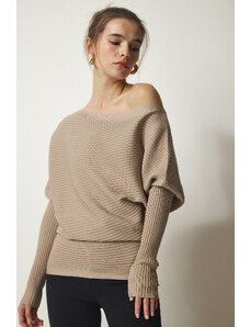 Happiness İstanbul Women's Mink Asymmetrical Collar Corduroy Sweater
