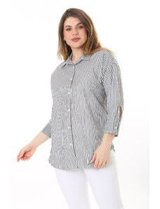 Şans Women's Plus Size Bone Front Buttoned Cuff Striped Shirt