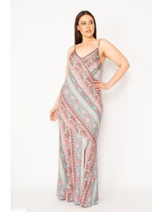 Şans Women's Plus Size Colorful Front Slit Strap Long Dress