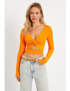 Cool & Sexy Women's Front Knotted Crop Blouse Orange