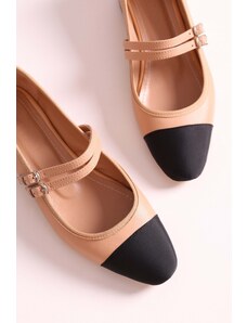 Shoeberry Women's Olidy Nude Two-Colored Belt, Oval Toe Flats with Nude Skin.