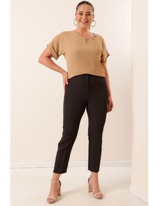 By Saygı Large Size Lycra Plus Size Trousers Black with Elastic Waist and Pocket.