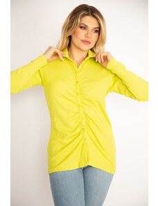Şans Women's Plus Size Green Lycra Blouse with Front Buttons and Drawstring