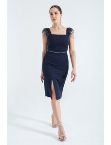 Lafaba Women's Navy Blue O-Neck Slit Midi Evening Dress