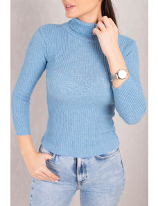 armonika Women's Baby Blue Necked Corduroy Knitwear Sweater