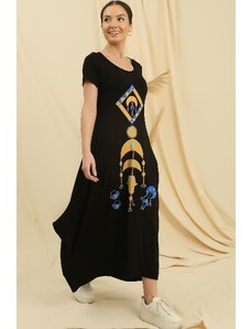 By Saygı Front Printed Short Sleeve Oversize Round Viscose Dress with Pocket