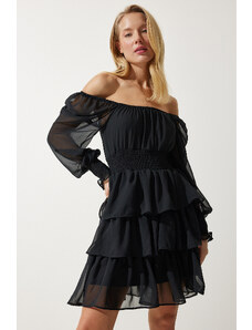 Happiness İstanbul Women's Black Flounce Chiffon Dress