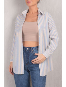 armonika Women's Baby Blue Striped Oversize Long Basic Shirt