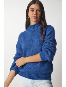 Happiness İstanbul Dámský modrý svetr s vysokým výstřihem Basic Knitwear