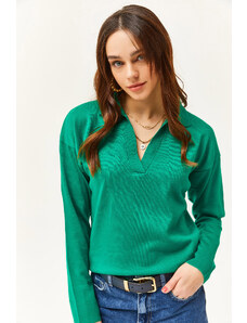 Olalook Women's Emerald Green Polo Neck Fine Knitwear Sweater