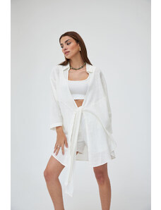 Laluvia Off White Flam Linen Kimono Shirt