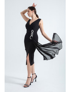 Lafaba Women's Black Stone Printed Midi Evening Dress